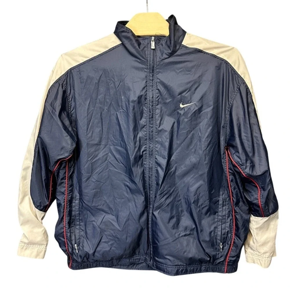 Vintage Nike Windbreaker Jacket Mens XXL Navy Blue Cream Red Piping Full Zip F8
